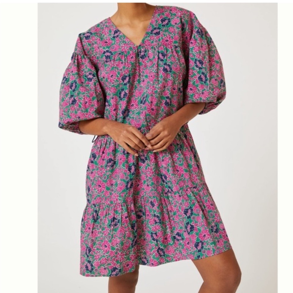 Anthropologie Pink Floral Midi Dress with Green Accents